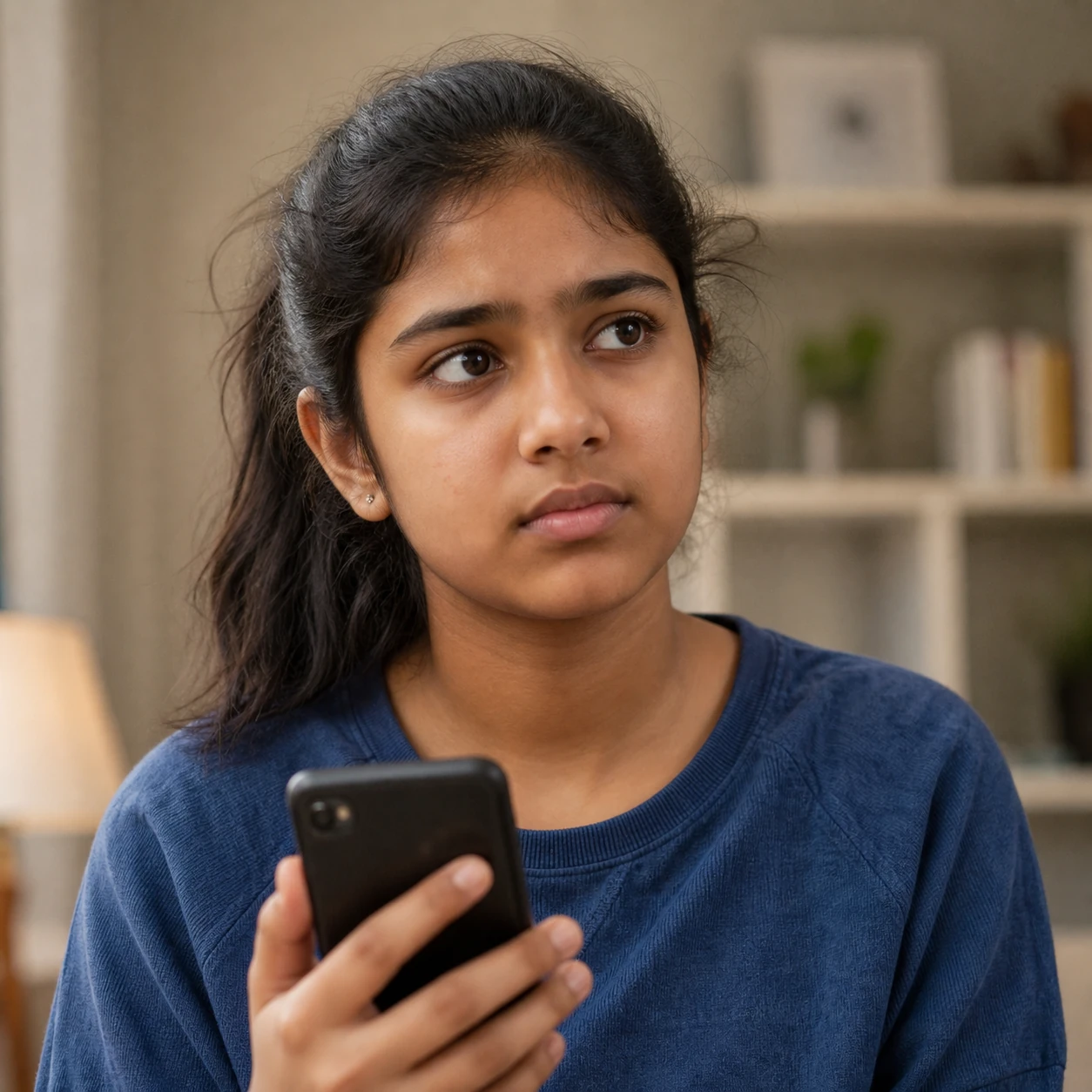 A young family member holding her phone