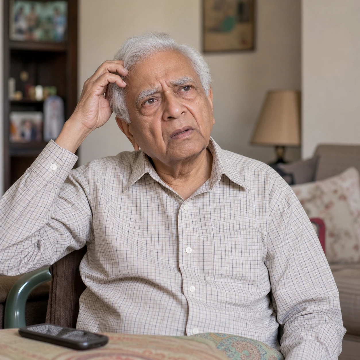 An older man sitting in his own home