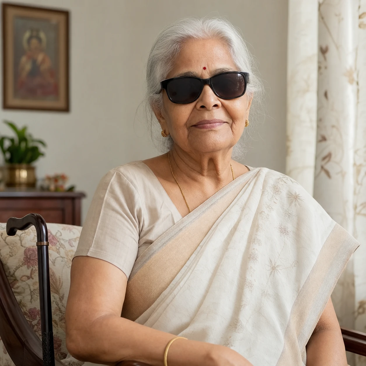 An older woman seated at home, wearing sunglasses