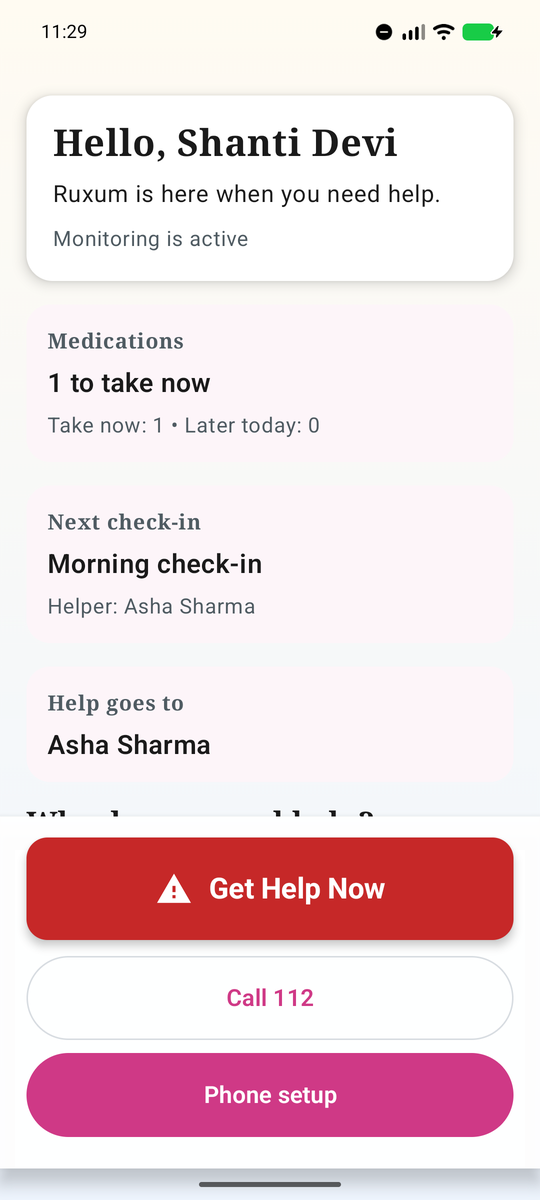 Ruxum Senior home showing medicine due, the next check-in, a helper and Get Help Now