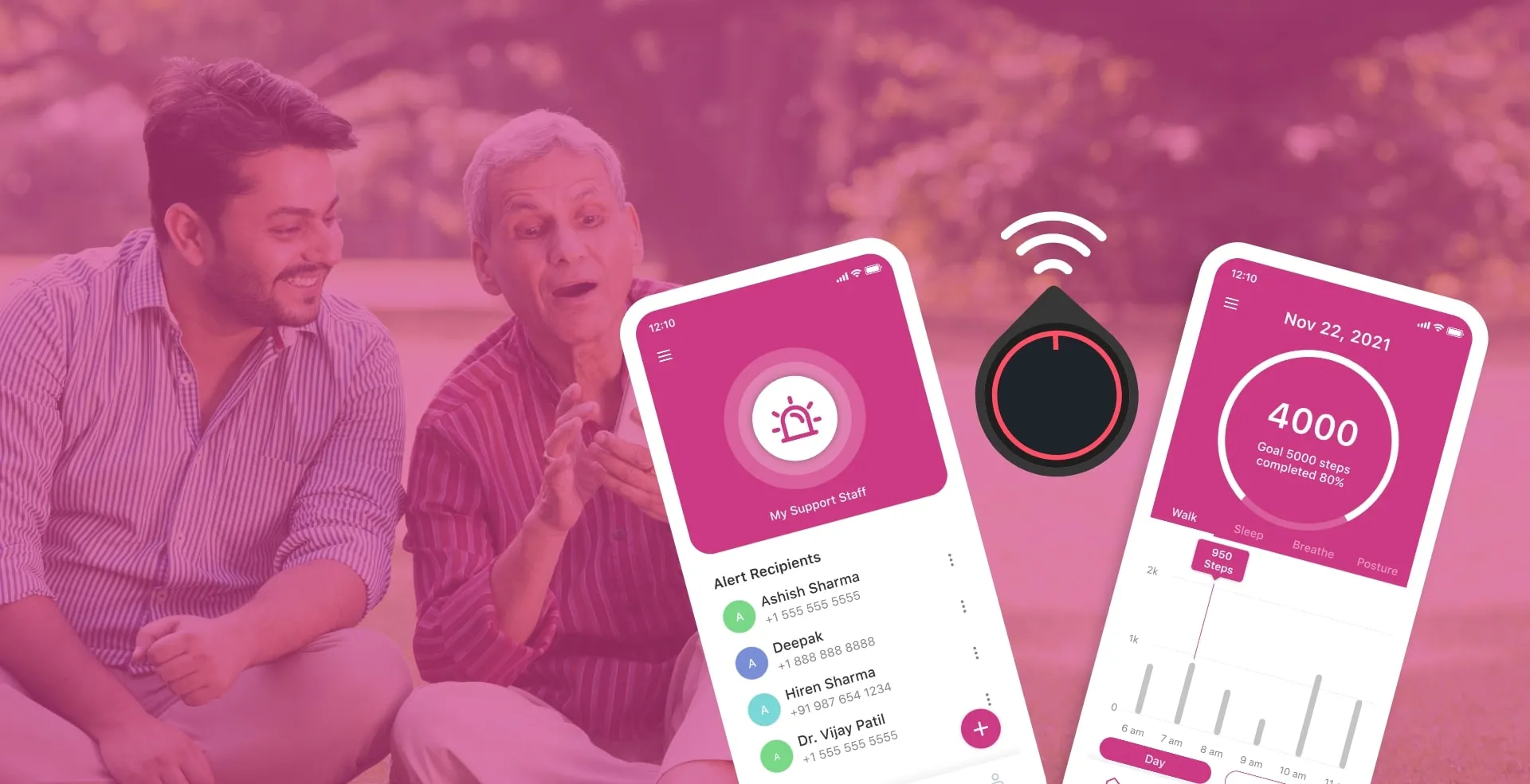 Original Ruxum website artwork combining a family photograph, the pendant, and legacy alert and activity screens