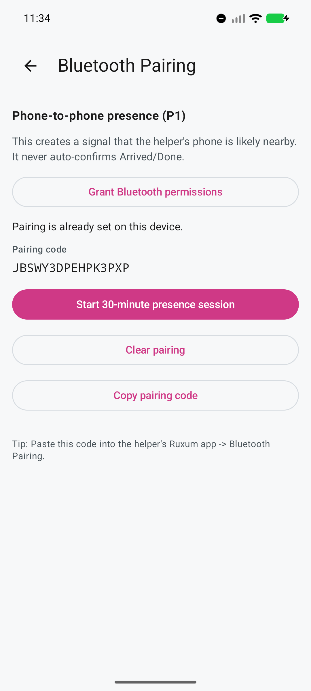 Ruxum Bluetooth Pairing screen explaining the helper-phone-likely-nearby signal and a 30-minute presence session