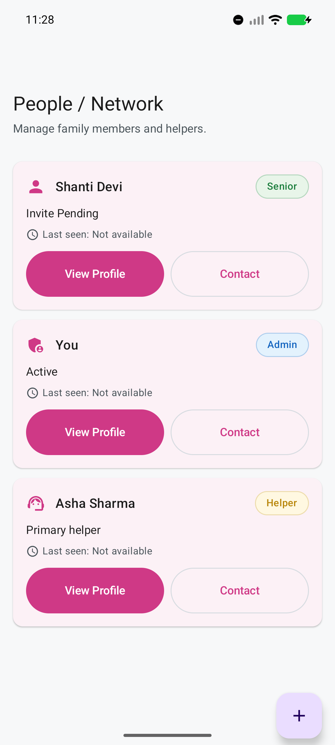 Ruxum People and Network screen showing Senior, Family Admin, and helper roles