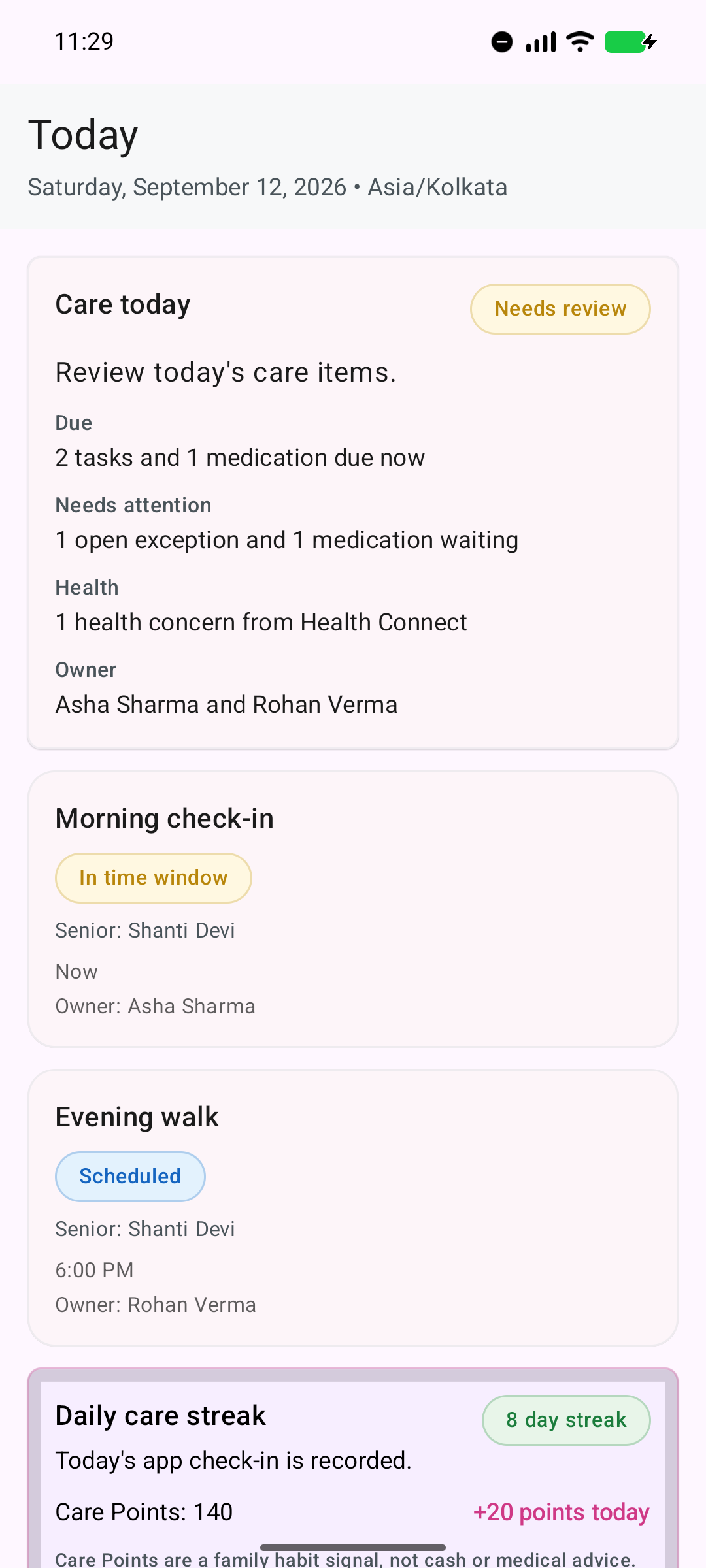 Ruxum Care today view with due tasks, medication status, health context, and an eight-day care streak