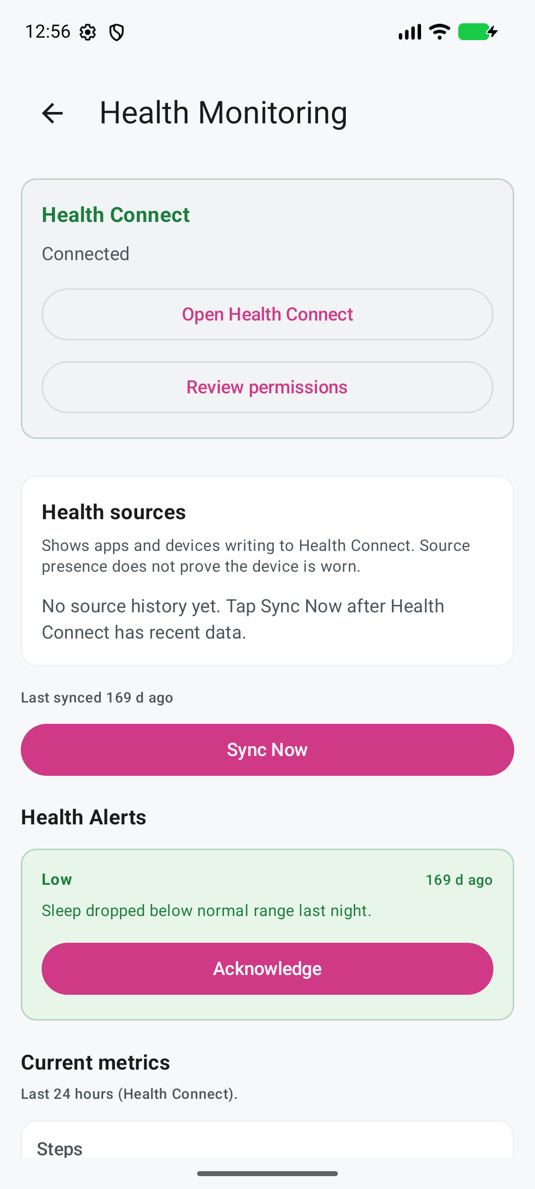 Ruxum V25 Health Monitoring screen showing Health Connect status, permission review, source history, sync time, and a health alert