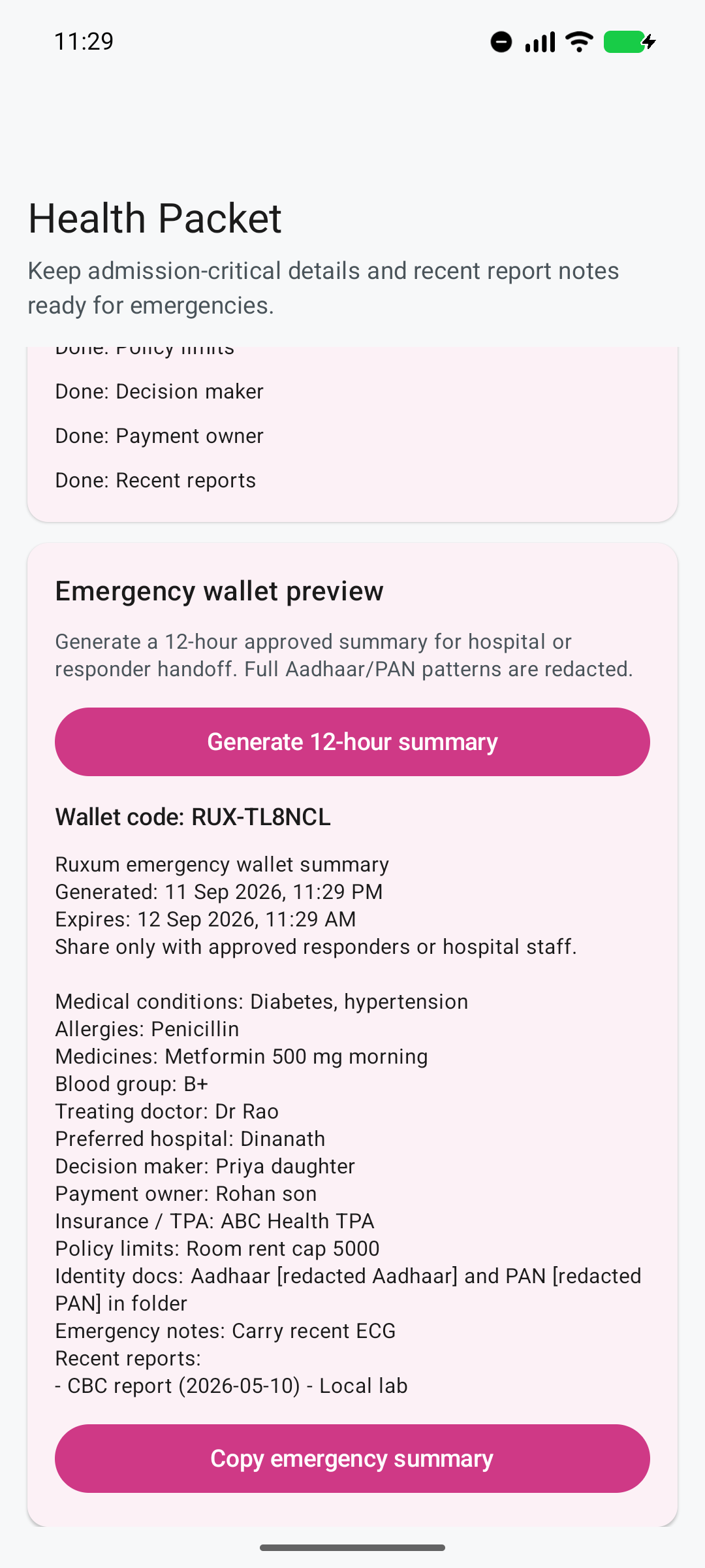 Ruxum Health Packet emergency wallet summary with medical and hospital-readiness details