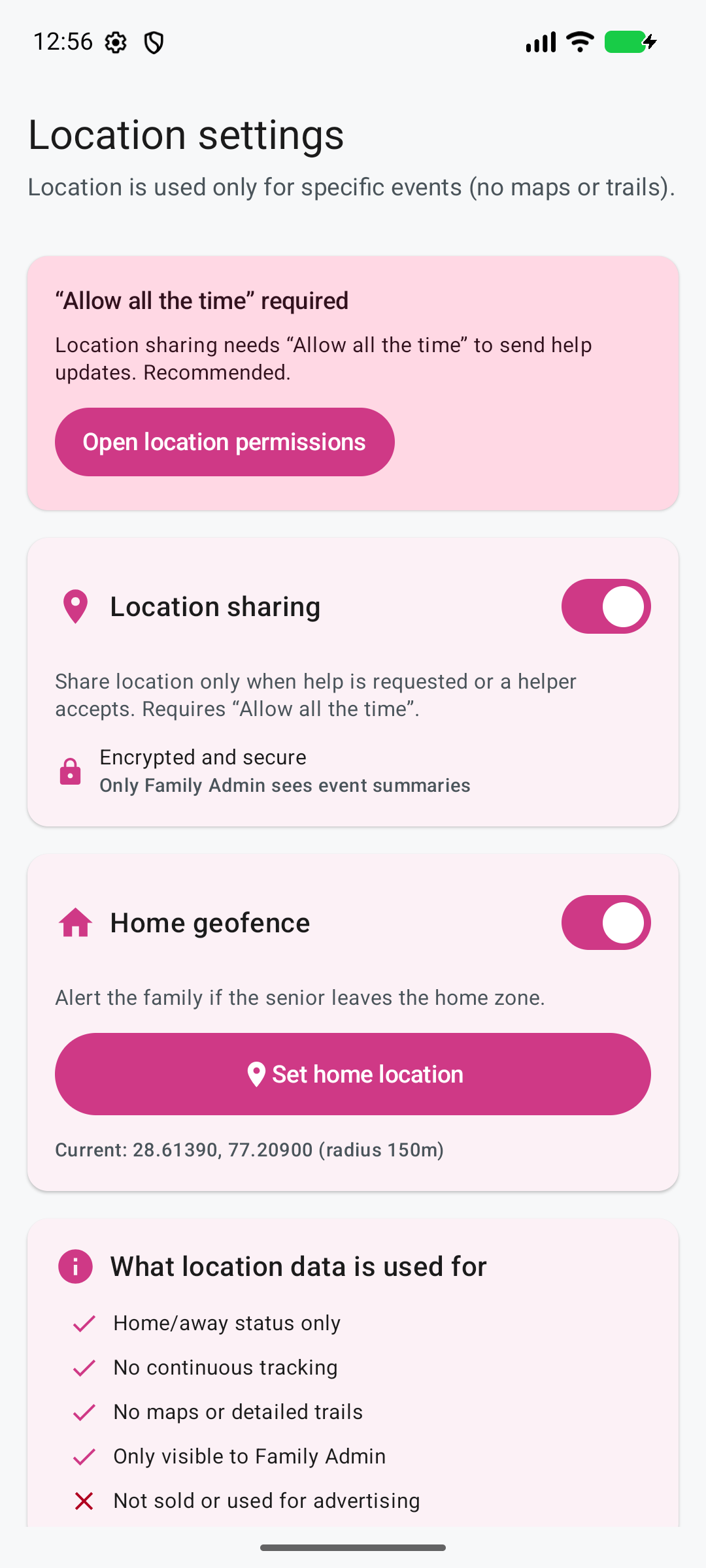 Ruxum V25 Location settings showing optional event-based sharing, a home geofence, family-admin visibility, and no continuous tracking