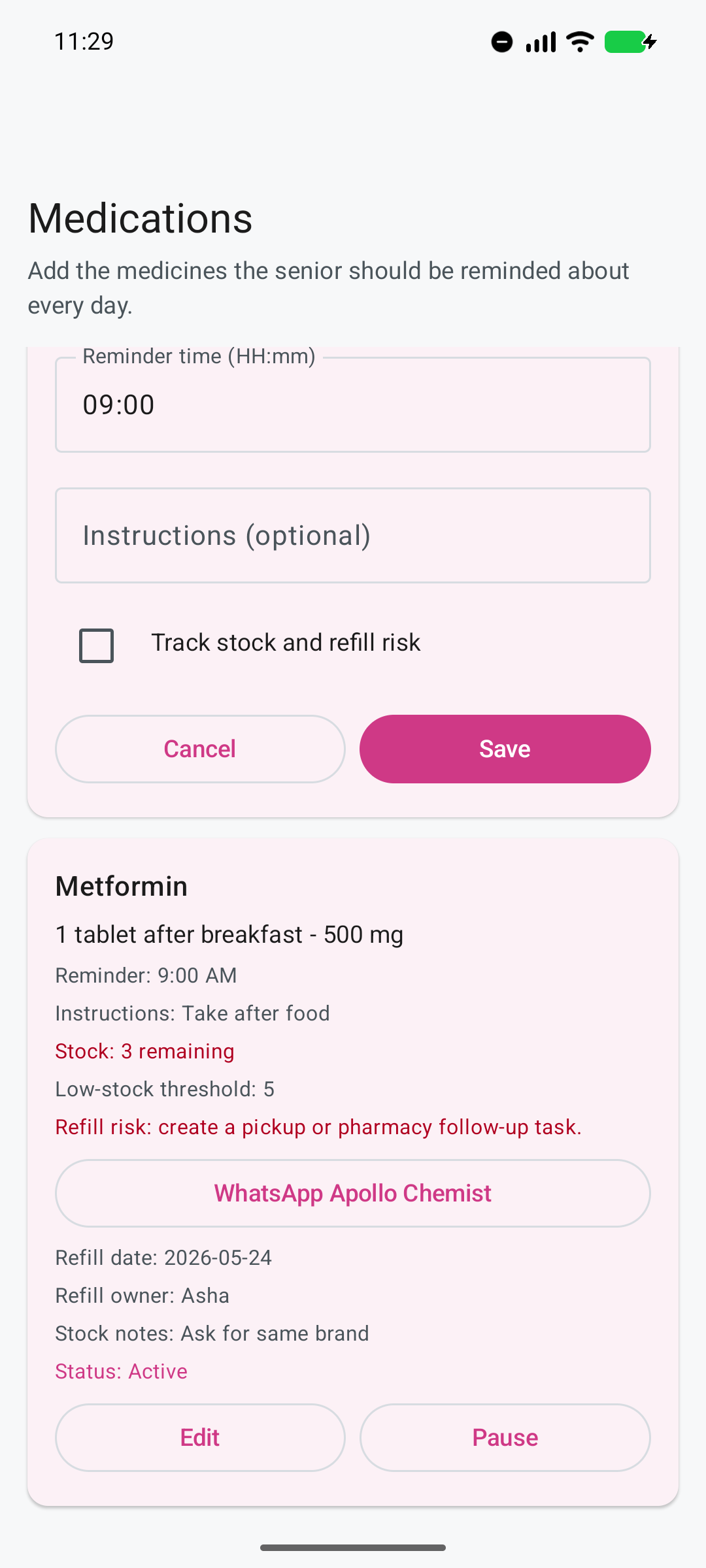 Ruxum medicine card showing low stock and a WhatsApp refill request to the preferred chemist