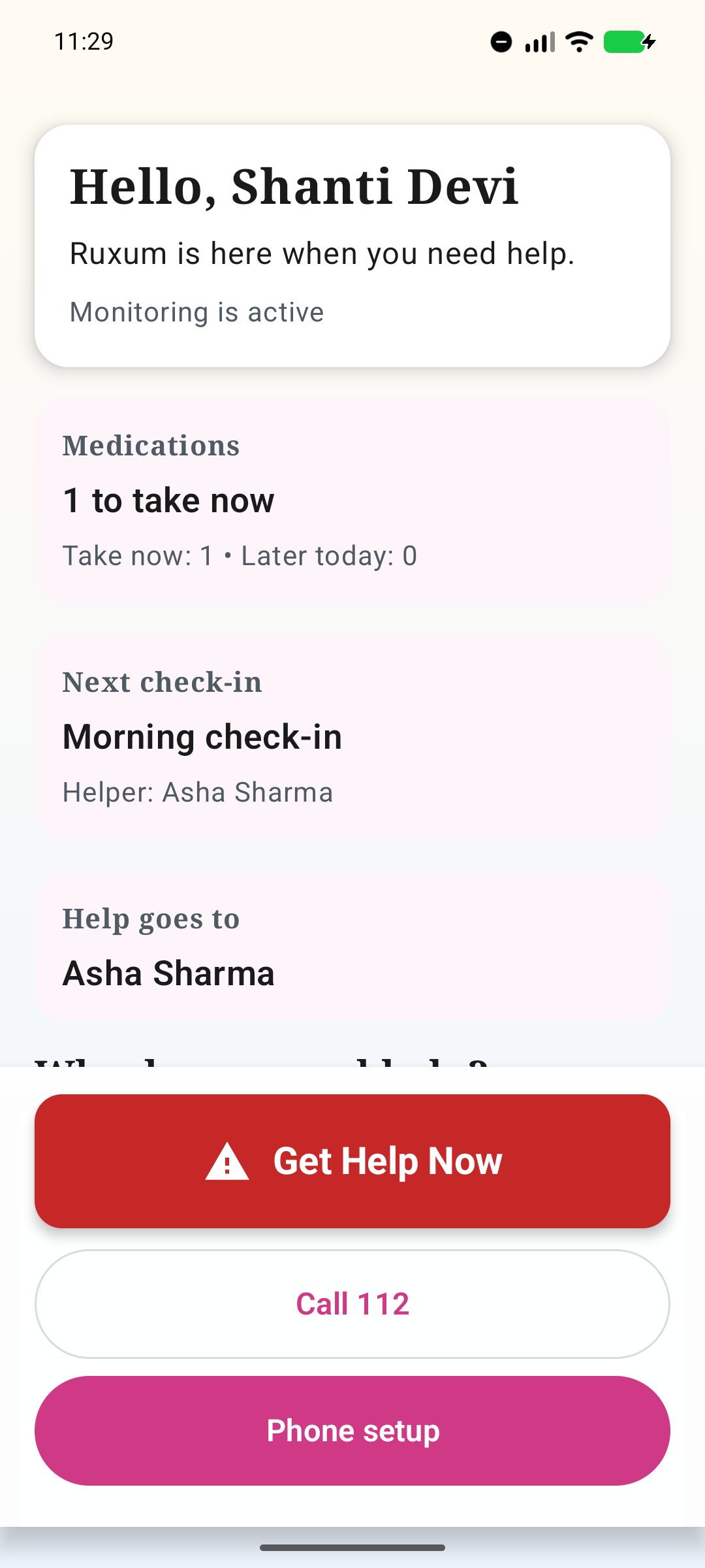 Ruxum Senior home screen showing medicine due, next check-in, designated helper, and Get Help Now