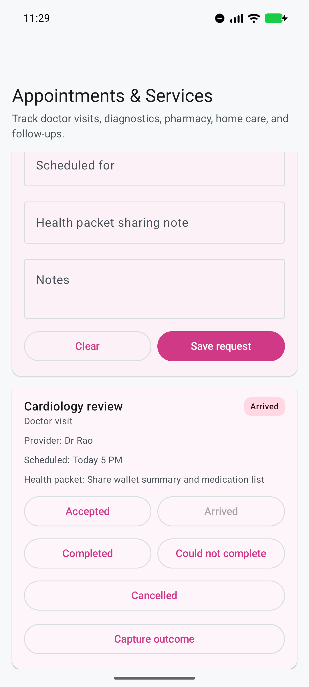 Ruxum Appointments and Services tracker showing a cardiology review, provider, scheduled time, sharing note, status, and outcome action