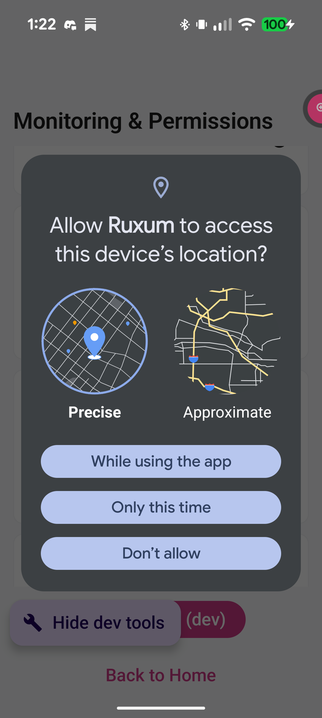 Ruxum in-app location permission card showing precise and approximate options with while using, only this time, and do not allow actions