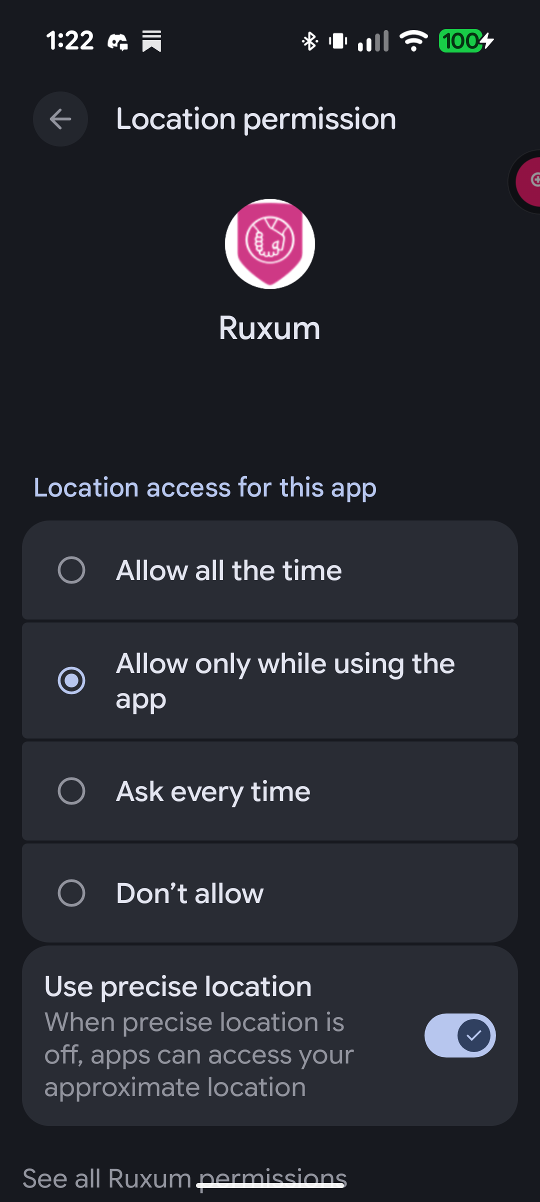 Android location permission screen for Ruxum with allow only while using the app selected