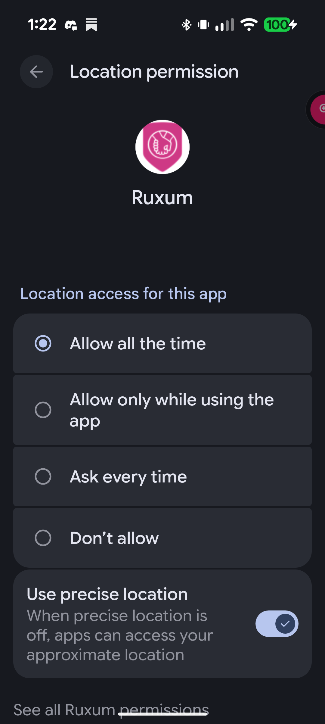 Android location permission screen for Ruxum with allow all the time selected for background location